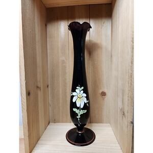 FENTON BLACK AMETHYST HAND PAINTED 10" VASE DAISY STRIPE RUFFLE UNSIGNED